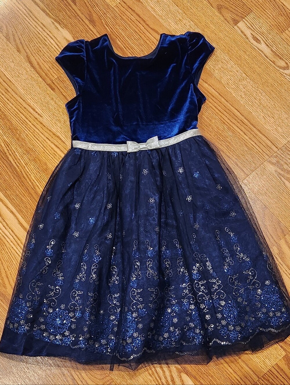 Jona Michelle Navy Blue Velvet & Tulle Dress with Silver Belt